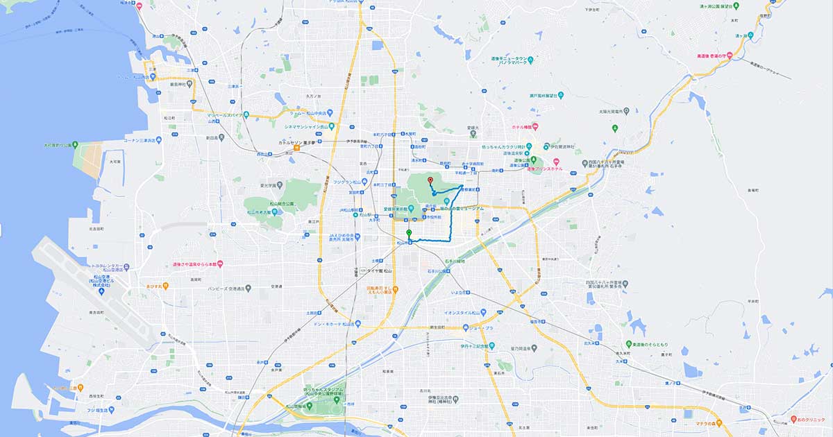 松山市駅から松山城へのルート