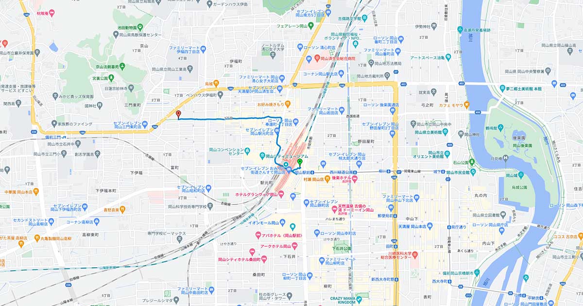 岡山駅から奉還町商店街へのルート