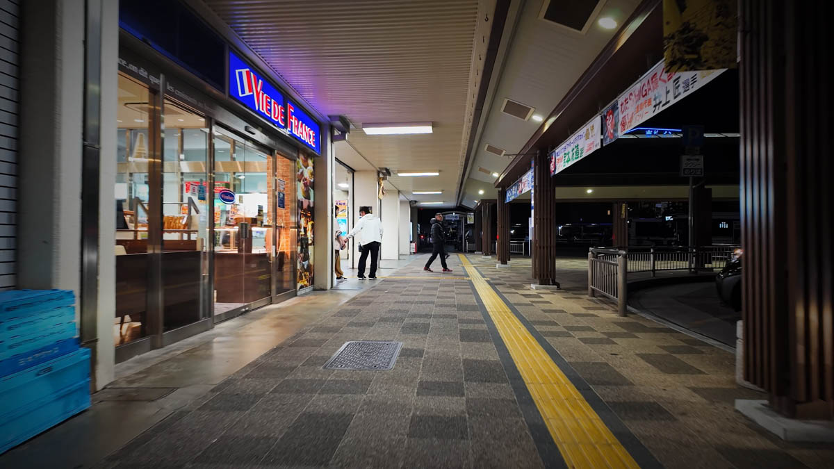 Matsusaka Station at night, exterior and station forecourt