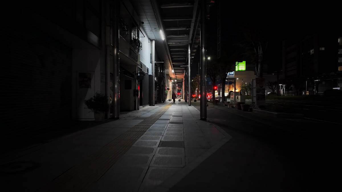 Opposite Matsushiro Department Store at night A dark stretch of road opposite Matsushiro Department Store at night