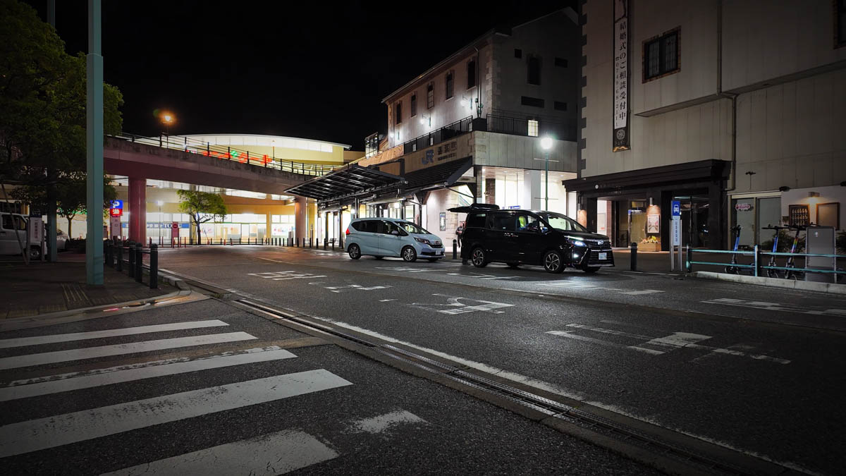 Nagahama Station exterior at night, the modern 2006 building illuminated