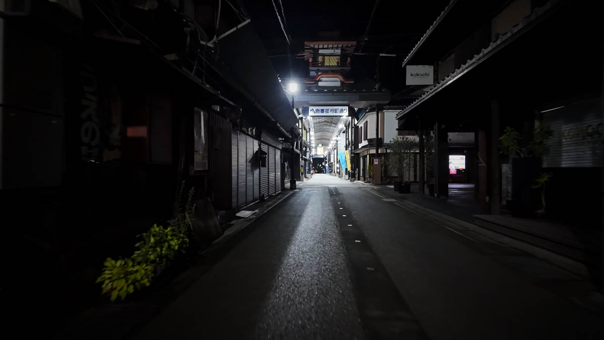 The ceiling of the Ōtemon-dōri arcade, its elaborate decorations visible from below