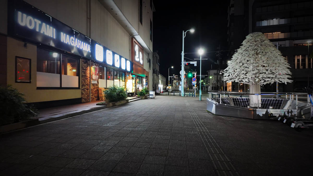 The Aqua Tree glass sculpture in front of Nagahama Station, illuminated at night