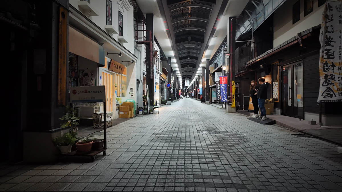 The streets around Kurokabe Square at night, completely empty and silent