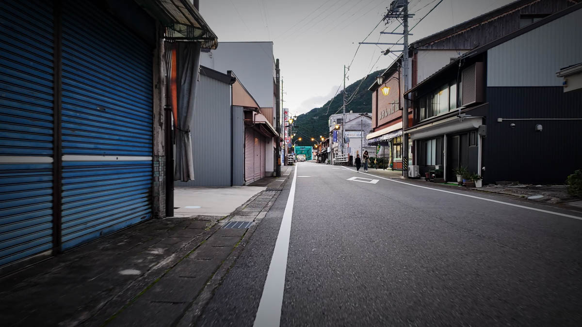 Hida-Kanayama streets just after sunset The streets of Hida-Kanayama just after sunset, Showa-era buildings lining the road, the sky still holding blue