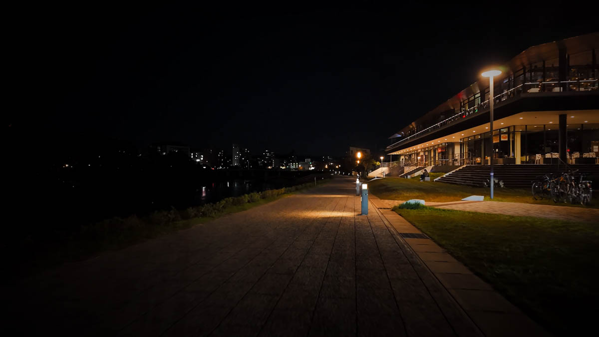 Terrace seating along the riverside with a couple on a date passing by