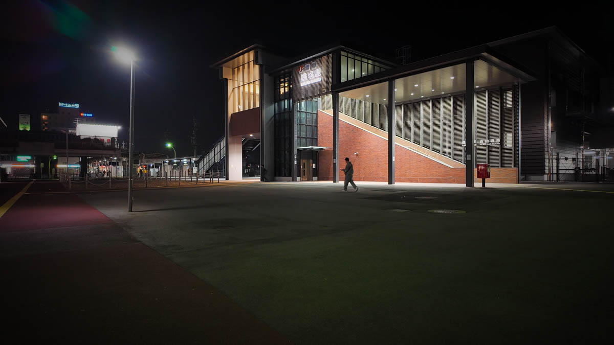 Exterior of Kuwana Station. A simple, modern station building