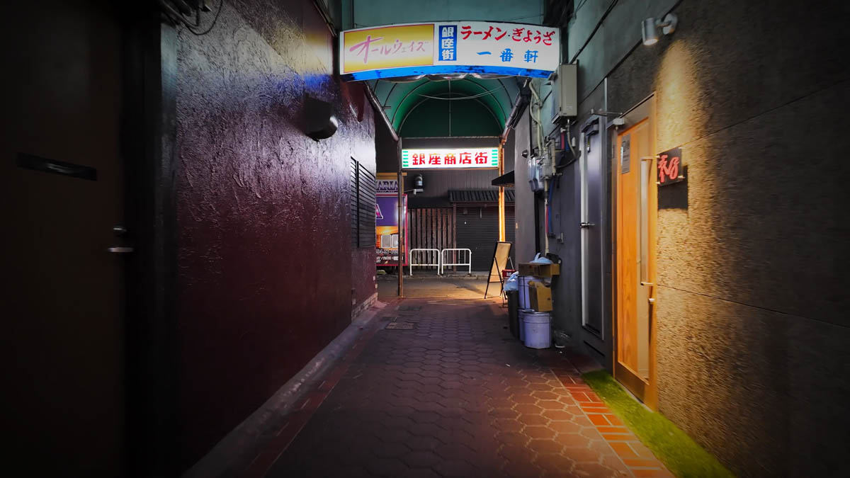 A covered arcade with a sign reading "Ginza Shopping Street"