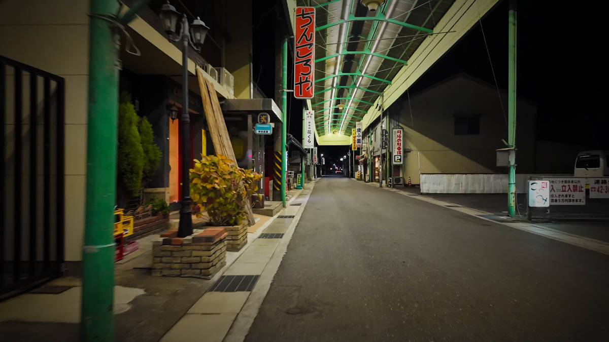 Inside Shimomachi Shopping Street, with signs for Chinkoroya and Hanakura and green columns lining the arcade