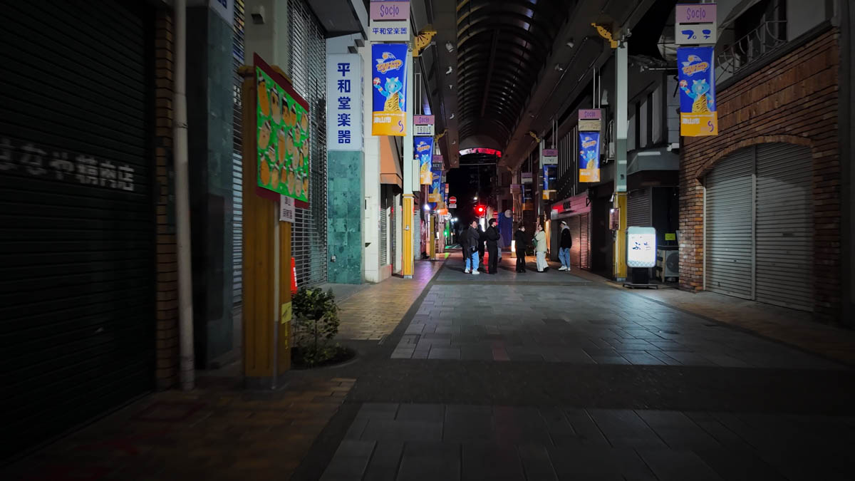A covered shopping arcade in Tsuyama, with the Heiwado Musical Instruments sign and people standing in the street