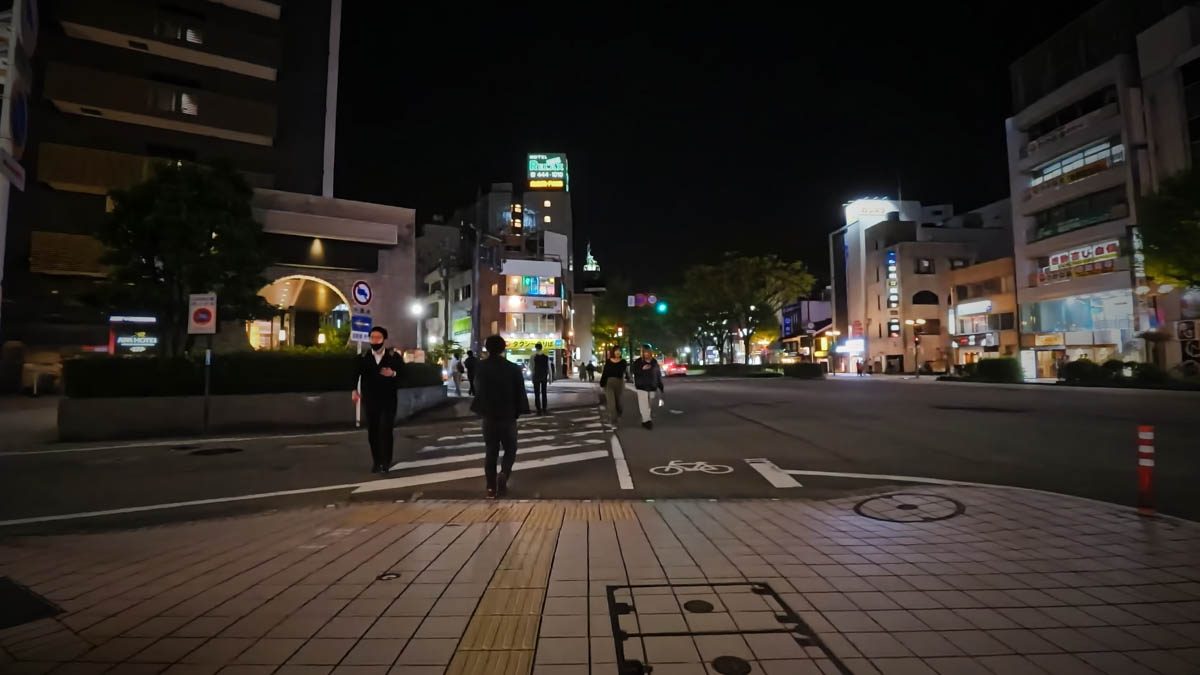 富山駅前の大通り。横断歩道とホテル、飲食店の看板が並ぶ