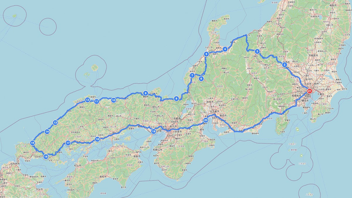 Route map of a driving loop through Hokuriku and Chugoku