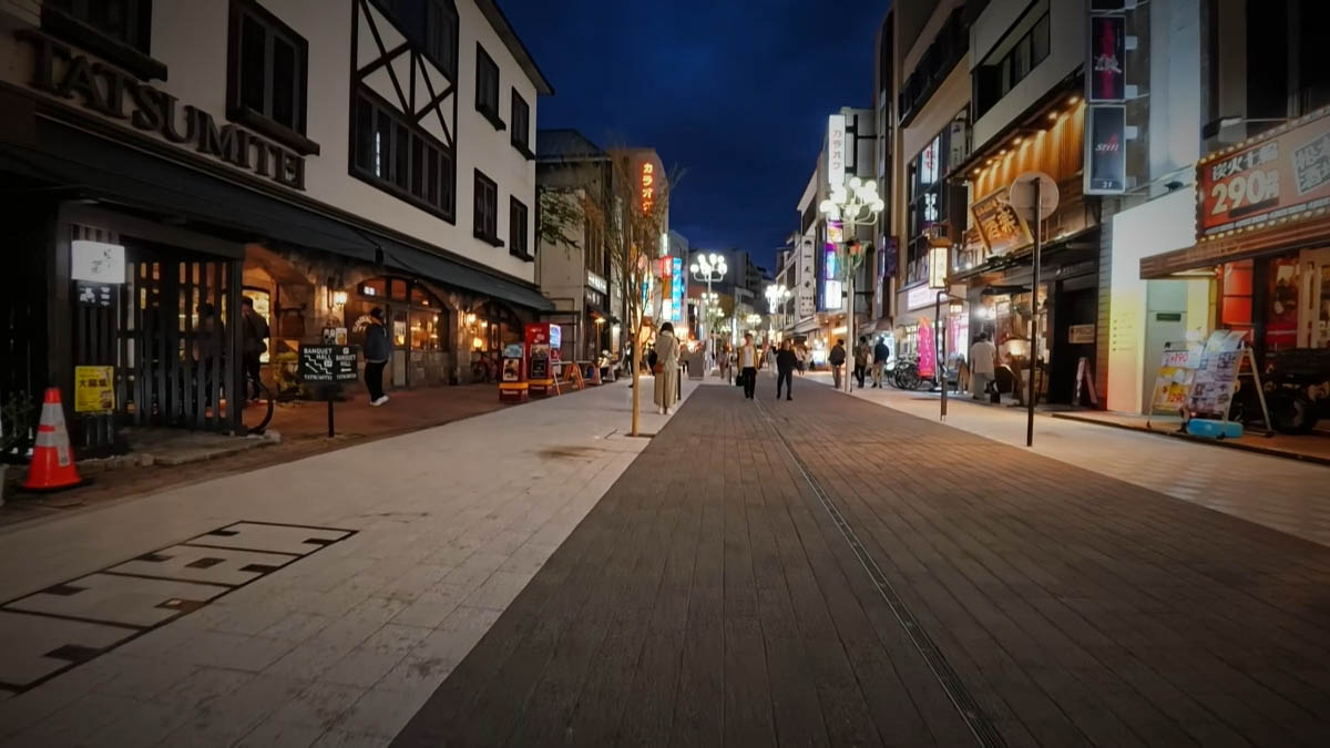 A pedestrian street with a Tatsumitei sign; charcoal-grill restaurant signs on the right