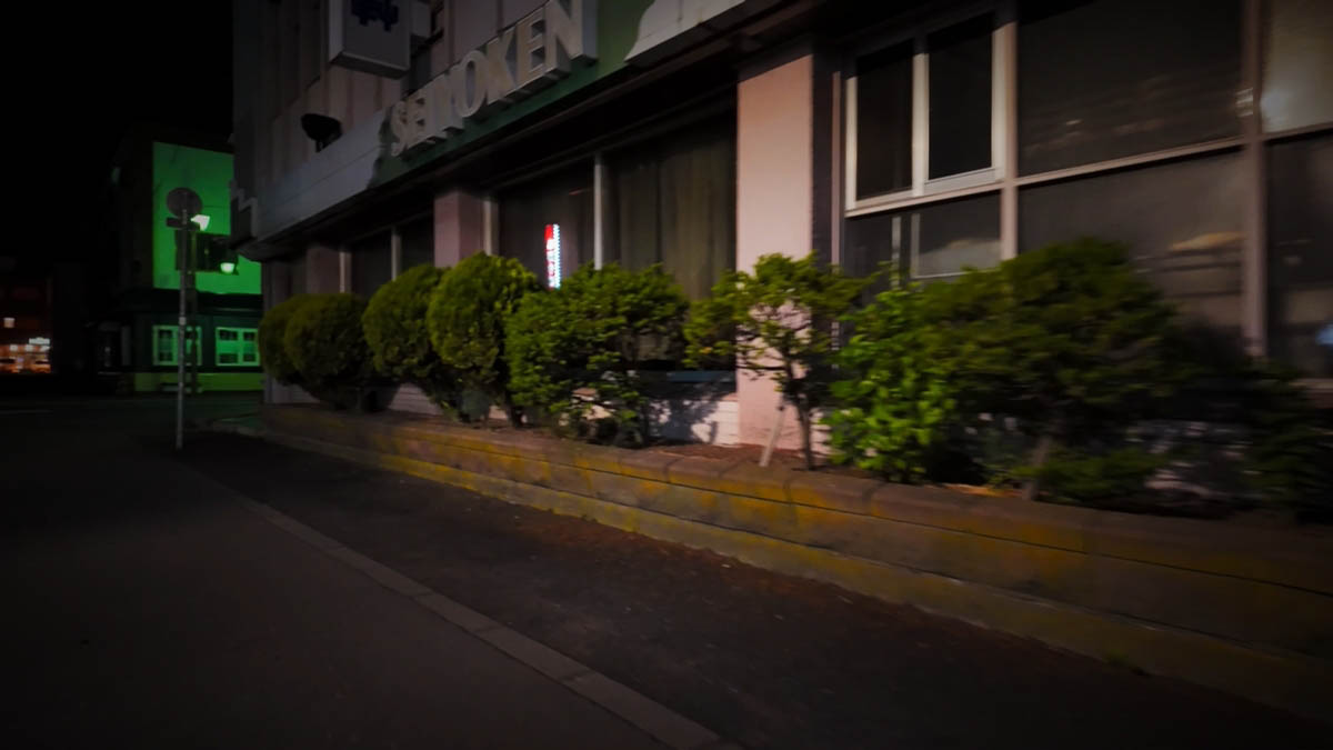SEIYOKEN 看板 SEIYOKEN の金属文字看板と丸く刈り込まれた植栽
